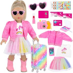 American 18 Inch Doll Accessories Rainbow Suitcase Luggage Travel Set Doll Playset - 14pcs Pink Fashion Doll Clothes and Makeup Accessories Travel-Themed Playset (Doll and Shoes NOT Included)