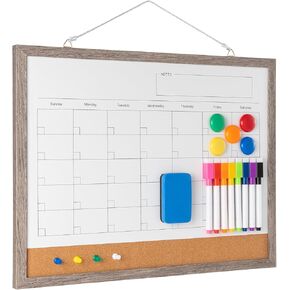 Dry Erase Calendar Whiteboard, 17" x 13" Magnetic Whiteboard Cork Board Combo, Reusable Monthly Planner with 8 Markers, Eraser, Magnets and Pushpins, Hanging Dry Erase Board for Home, School - White