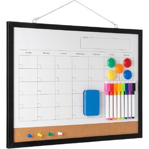 التقويم الجاف للتقويم الأبيض ، مسافة 17 "× 13" CORK MAGNETBOARD CORK ، مخطط شهري قابل لإعادة الاستخدام مع 8 علامات وممحاة ومغناطيس ودفع ، لوح محو جاف معلق للمنزل ، المدرسة - أبيض in Kuwait