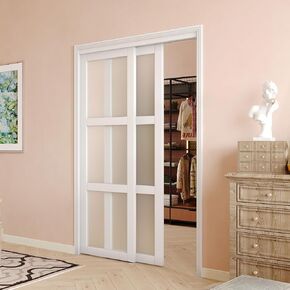 Bypass Sliding Closet Door, for 48"(Double 25") x 80" Opening, 3-Lite Frosted Glass Sliding Door with Hardware Track Kit & Floor Guide, Pre-Drilled Door Panel Need to Assemble, MDF, White