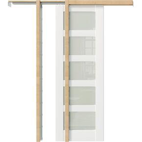 28" x 80" Sliding Pocket Door Set - Includes 5 Lites Frosted Glass Panel and Frame - Interior & Closet Single Door Slab, White Primed - Easy Panel Assembly Required