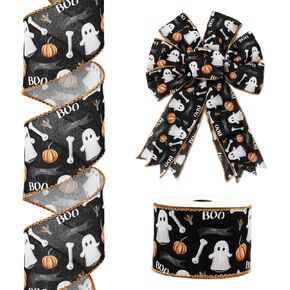 Halloween Wired Edge Ribbon Ghost Pumpkin Boo Craft Ribbon Black Orange White Fabric Ribbon for Wreath Bow Making DIY Gift Wrapping, 12 Yards