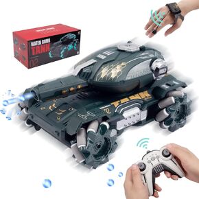 RC Stunt Tank with Light, Watch Gesture Sensor RC Tank Toy, 360 Rotation Remote Control Stunt Car Shooting Water Bullets (Dark Green and White), Halloween Toys,Festival Gifts