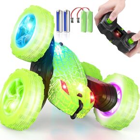 RC Cars, Remote Control Car with Wheel Lights and Headlights, Double Sided 360° Rotating RC Car, 4WD RC Truck for 6 Year Old Boy Gifts 2.4Ghz Stunt Kids Toy Car for Boys Girls (Green)