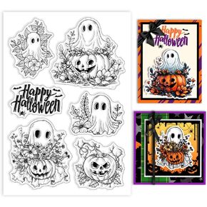 GLOBLELAND Halloween Ghost Clear Stamps Pumpkin Bat Silicone Clear Stamp Seals Flower Transparent Stamps for DIY Scrapbooking Cards Making Photo Album Journal
