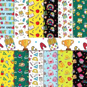 24 Sheets Teacher's Day Scrapbook Paper 11.8'' x 11.8'' ABC Apples School Bus Pencil Pattern Pad Back to School Double-Sided Scrapbook Paper for First Day of School DIY Card Making Photo Album Decor