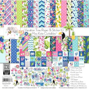 Miss Kate Cuttables Paper & Sticker Kit - Vacation Time - for Travel - 20 Double-Sided 12x12 Papers with 39 Designs & 1 8X12 Sticker Sheet - Scrapbooking Card Making Crafting