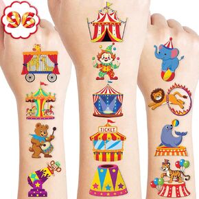96PCS Carnival Circus Clown Pre-Cut Temporary Tattoos for Kids | Super Cute Themed Birthday Party Favors, Supplies, Decorations, Animal Fake Tattoo Stickers (Luminous)