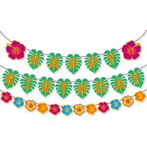 Hawaiian Birthday Banner Hawaiian Happy Birthday Banner Tropical Luau Party Decorations Tropical Luau Palm Leaf Garland Banners Summer Palm Leaf Pattern Bunting Banners for Summer Theme Supplies