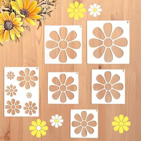 6 Pcs Large Flower Stencils, Reusable Floral Daisy Paint Stencil Plastic Daisy Flower Wall Painting Template for Wood Canvas Fabric Furniture Paper DIY Crafts