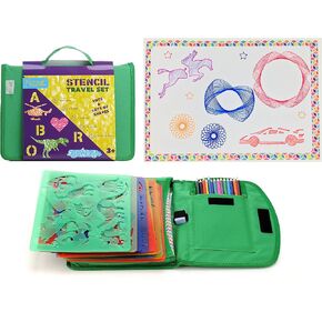 Kids Stencil Drawing Art Set with Colored Pencils, Templates, Sharpener and Bonus Spiralgraph Stencil Kit
