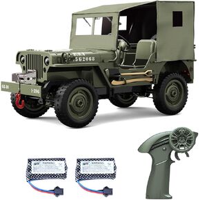 RC Military Truck, 1:10 Scale Remote Control Car, 2.4GHz 4WD Off Road RC Rock Crawler, All Terrain RC Crawler Army Vehicle with LED Lights, Winch, Canvas Cover and 2 Batteries for Kids Adults