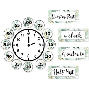 16Pcs Eucalyptus Telling Time Bulletin Board Greenery Classroom Clock Labels Watercolor Leaves Clock Numbers Labels for Learning Time Classroom Decor