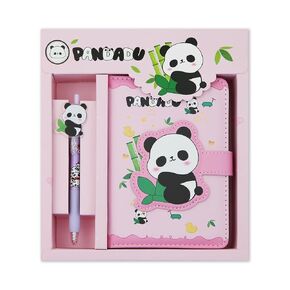 2 in 1 Cute Panda Theme Stationery Gift Box Set Includes 1 Pcs A6 Cartoon Panda Notebook Journal Hardcover Notepad Diary and Pen Gift for Birthday Christmas Kids Study Office School Supplies (Pink)