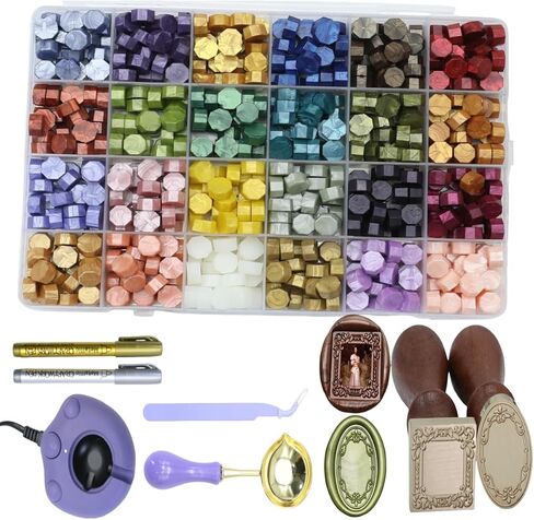 Frame Wax Seal Stemp Kit with 24 Colors Wax Seal Beads 624pcs， Electric WaxSeal Warmer, 3D Embossed Frame WaxSealStamp, Sealing WaxSpoon, WaxSeal Pen, Tweezer,WaxSeal Stamp kit (24B) in Saudi Arabia