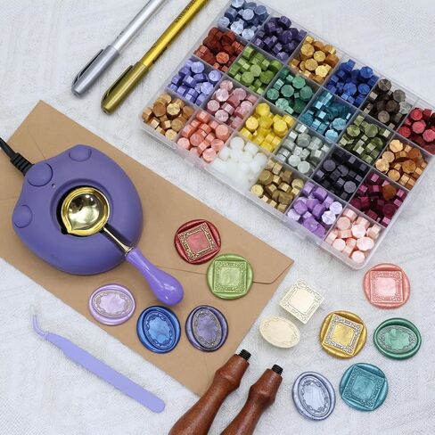 Frame Wax Seal Stemp Kit with 24 Colors Wax Seal Beads 624pcs， Electric WaxSeal Warmer, 3D Embossed Frame WaxSealStamp, Sealing WaxSpoon, WaxSeal Pen, Tweezer,WaxSeal Stamp kit (24B) in Saudi Arabia