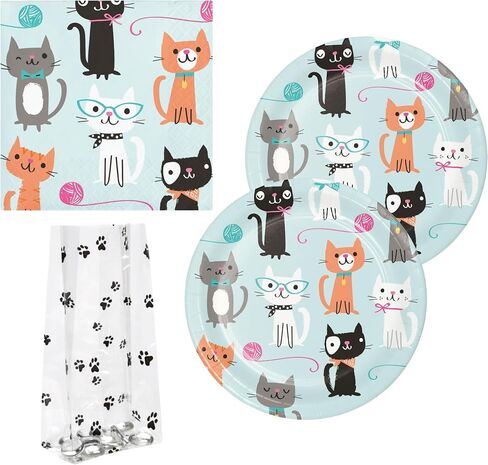 64 Piece Disposable Party Supplies Bundle for 16 Guests: Kit includes 16 Plates, 16 Napkins, and 16 Printed Cello Gift Bags with 16 Twist Ties (Purr-Fect Party) in Kuwait