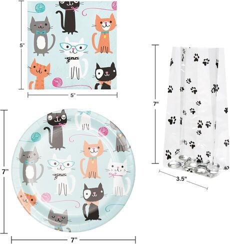 64 Piece Disposable Party Supplies Bundle for 16 Guests: Kit includes 16 Plates, 16 Napkins, and 16 Printed Cello Gift Bags with 16 Twist Ties (Purr-Fect Party) in Kuwait