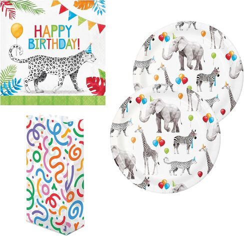 64 Piece Disposable Party Supplies Bundle for 16 Guests: Kit includes 16 Plates, 16 Napkins, and 16 Printed Cello Gift Bags with 16 Twist Ties (Purr-Fect Party) in Kuwait