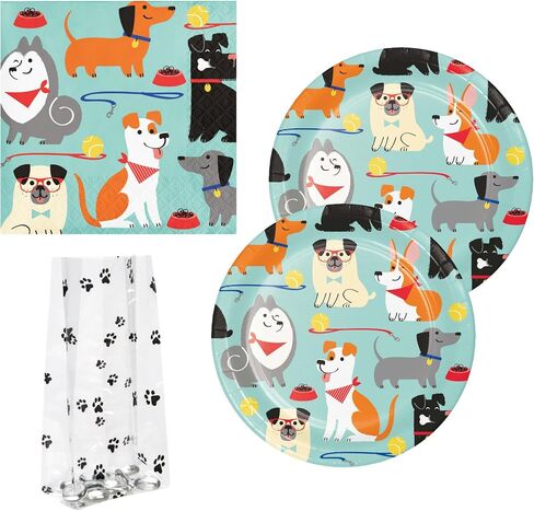 64 Piece Disposable Party Supplies Bundle for 16 Guests: Kit includes 16 Plates, 16 Napkins, and 16 Printed Cello Gift Bags with 16 Twist Ties (Purr-Fect Party) in Kuwait