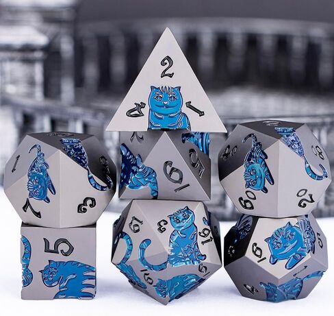 Metal DND Cat Dice 7pcs Polyhedral RPG Dice مع حجة هدية للعبة لعب الأدوار Dungeons Dragons ، D و D Dice D6 D10 D12 D20 D ٪ (Blue Blue) in Kuwait