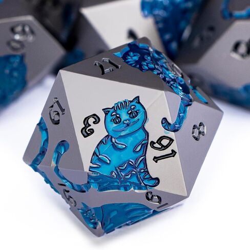 Metal DND Cat Dice 7pcs Polyhedral RPG Dice مع حجة هدية للعبة لعب الأدوار Dungeons Dragons ، D و D Dice D6 D10 D12 D20 D ٪ (Blue Blue) in Kuwait