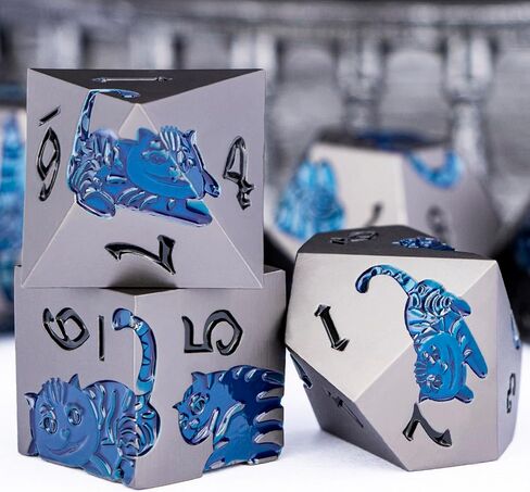 Metal DND Cat Dice 7pcs Polyhedral RPG Dice مع حجة هدية للعبة لعب الأدوار Dungeons Dragons ، D و D Dice D6 D10 D12 D20 D ٪ (Blue Blue) in Kuwait