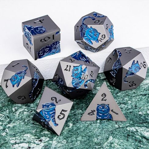 Metal DND Cat Dice 7pcs Polyhedral RPG Dice مع حجة هدية للعبة لعب الأدوار Dungeons Dragons ، D و D Dice D6 D10 D12 D20 D ٪ (Blue Blue) in Kuwait