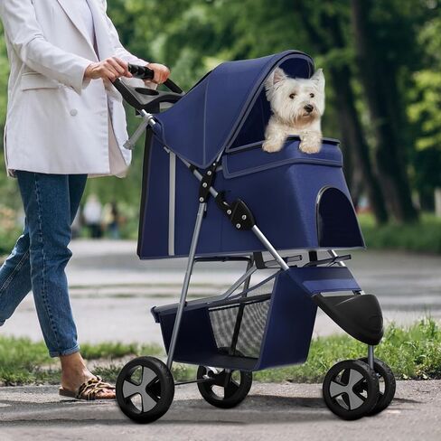 Pet Stroller for Small Dogs 10 lbs, Dog Stroller for Medium Dogs 30 lbs, Cat Strollers for 2 Cats, 3 Wheels Foldable Jogger Puppy Stroller with Storage Basket and Cup Holder, Navy Blue in Saudi Arabia