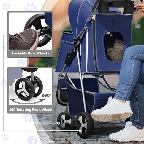 Pet Stroller for Small Dogs 10 lbs, Dog Stroller for Medium Dogs 30 lbs, Cat Strollers for 2 Cats, 3 Wheels Foldable Jogger Puppy Stroller with Storage Basket and Cup Holder, Navy Blue in Saudi Arabia