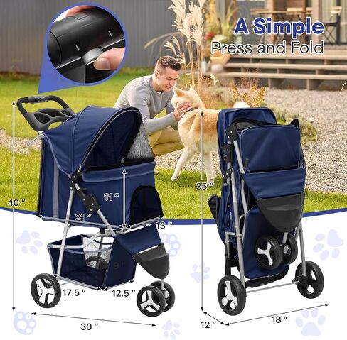 Pet Stroller for Small Dogs 10 lbs, Dog Stroller for Medium Dogs 30 lbs, Cat Strollers for 2 Cats, 3 Wheels Foldable Jogger Puppy Stroller with Storage Basket and Cup Holder, Navy Blue in Saudi Arabia