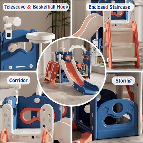Slide for Toddlers Age 3-5 Kids Swing and Slide Set Baby Outdoor Indoor Playset with Basketball Hoop and Ball Stair Telescope Playground for Backyard in Saudi Arabia