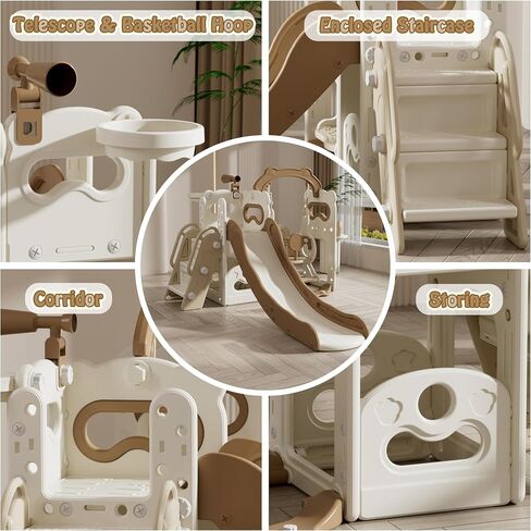 Slide for Toddlers Age 3-5 Kids Swing and Slide Set Baby Outdoor Indoor Playset with Basketball Hoop and Ball Stair Telescope Playground for Backyard in Saudi Arabia