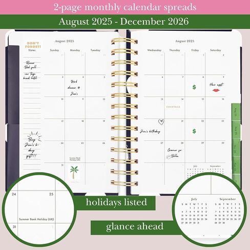 Kate Spade New York Daily Planner 2025-2026 أجندة متوسطة أغسطس 2025-ديسمبر 2026 ، مخطط دوامة أسبوعيًا وشهريًا مع ملصقات (نقطة مطلية بالبحرية) in Saudi Arabia