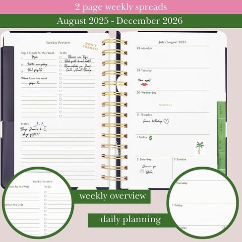 Kate Spade New York Daily Planner 2025-2026 أجندة متوسطة أغسطس 2025-ديسمبر 2026 ، مخطط دوامة أسبوعيًا وشهريًا مع ملصقات (نقطة مطلية بالبحرية) in Saudi Arabia