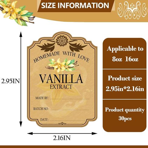 30PCS Vanilla Extract Labels, Holiday Gift Stickers Homemade Vanilla Stickers, Vintage Vanilla Extract Labels for 8 oz,16 oz Bottles (2.95in X 2.16in) in Saudi Arabia
