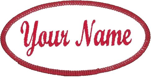 Oval Name Patch Uniform Work Shirt Custom Embroidery White with Red Border, Iron in Kuwait