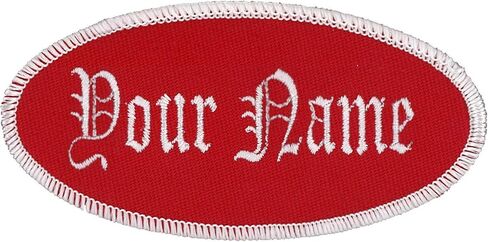 Oval Name Patch Uniform Work Shirt Custom Embroidery White with Red Border, Iron in Kuwait
