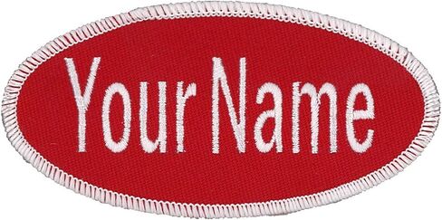Oval Name Patch Uniform Work Shirt Custom Embroidery White with Red Border, Iron in Kuwait