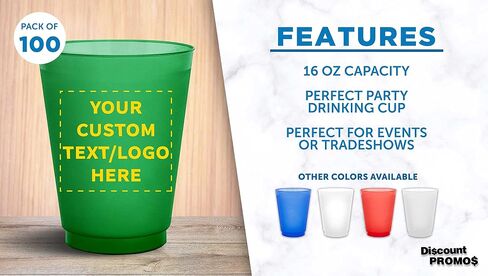 DISCOUNT PROMOS Custom Frosted Plastic Stadium Cups, 100 pack, Promotional Text, Logo, 16 oz. Shatterproof Flexible Reusable Party Cups, Natural in Saudi Arabia