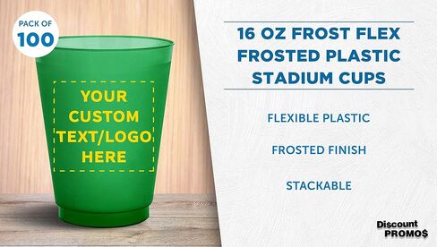 DISCOUNT PROMOS Custom Frosted Plastic Stadium Cups, 100 pack, Promotional Text, Logo, 16 oz. Shatterproof Flexible Reusable Party Cups, Natural in Saudi Arabia