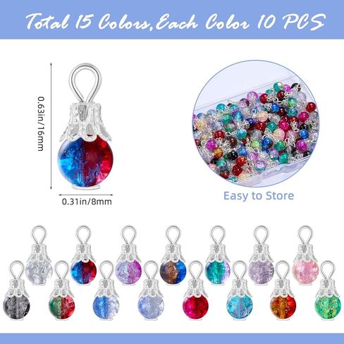 150Pcs Crystal Dangle Charms for Jewelry Making Crackle Bulk Small Cute Charms Glass Beads Pendants with Silver Gold Caps for Earring Necklace Bracelet DIY Supplies in Saudi Arabia