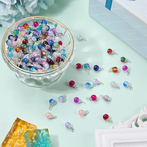 150Pcs Crystal Dangle Charms for Jewelry Making Crackle Bulk Small Cute Charms Glass Beads Pendants with Silver Gold Caps for Earring Necklace Bracelet DIY Supplies in Saudi Arabia
