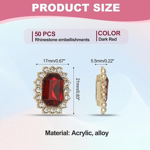 PATIKIL 50Pcs Rhinestone Embellishments, Handcraft Crystal Rhinestone Button Charms Gold Base Gems Red Rhinestones for Crafting Clothing Jewelry Making in Saudi Arabia