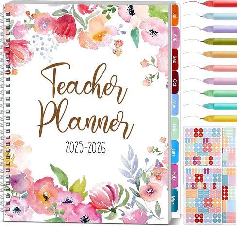 11PCS 2025-2026 Teacher Planner Notebook with 10 Pens&Section Lesson Book Daily Weekly Monthly 8.5"x11" Organizer Spiral Bound Stickers, Dated Calendar, Pocket Folder, Page Tab(Smile Face) in Saudi Arabia