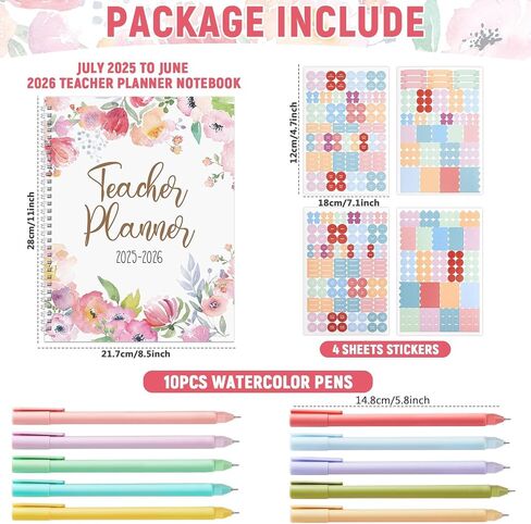 11PCS 2025-2026 Teacher Planner Notebook with 10 Pens&Section Lesson Book Daily Weekly Monthly 8.5"x11" Organizer Spiral Bound Stickers, Dated Calendar, Pocket Folder, Page Tab(Smile Face) in Saudi Arabia