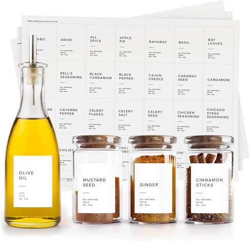 250 White Spice Labels by ThreeKin | Waterproof & Oil-Resistant Pre-Printed Stickers for Spice Jars | Durable, BPA-Free Seasoning Labels | Easy-Clean, No-Residue Design | Proudly Female & USA Owned in Kuwait
