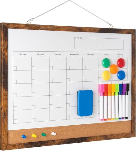 Dry Erase Calendar Whiteboard, 17" x 13" Magnetic Whiteboard Cork Board Combo, Reusable Monthly Planner with 8 Markers, Eraser, Magnets and Pushpins, Hanging Dry Erase Board for Home, School - White in Kuwait