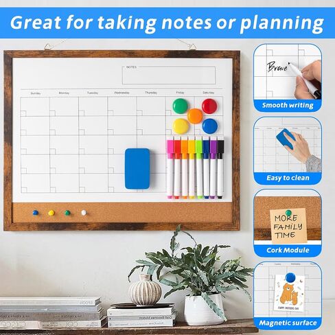 Dry Erase Calendar Whiteboard, 17" x 13" Magnetic Whiteboard Cork Board Combo, Reusable Monthly Planner with 8 Markers, Eraser, Magnets and Pushpins, Hanging Dry Erase Board for Home, School - White in Kuwait