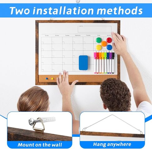 Dry Erase Calendar Whiteboard, 17" x 13" Magnetic Whiteboard Cork Board Combo, Reusable Monthly Planner with 8 Markers, Eraser, Magnets and Pushpins, Hanging Dry Erase Board for Home, School - White in Kuwait